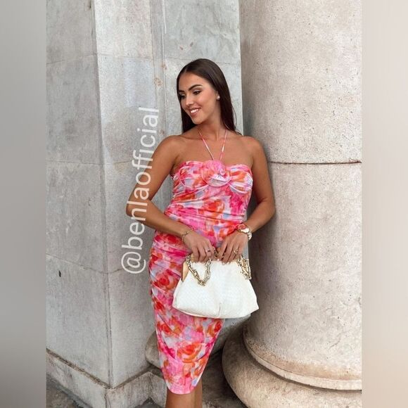 ZARA PRINTED TULLE MIDI DRESS PINK FLORAL - Picture 10 of 17